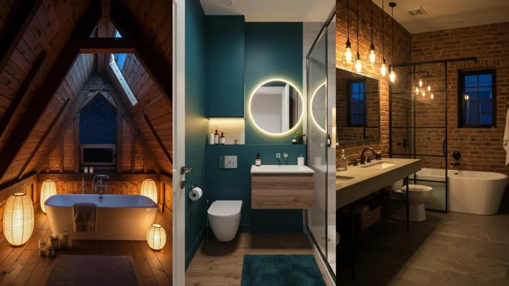 Baños con luz cálida, bañeras modernas y rústicas, creando ambientes acogedores para noches de relax.