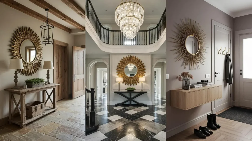 Entradas sofisticadas con espejos de sol dorado envejecido, consolas elegantes y lámparas de araña. Ideas de decoración de interiores.