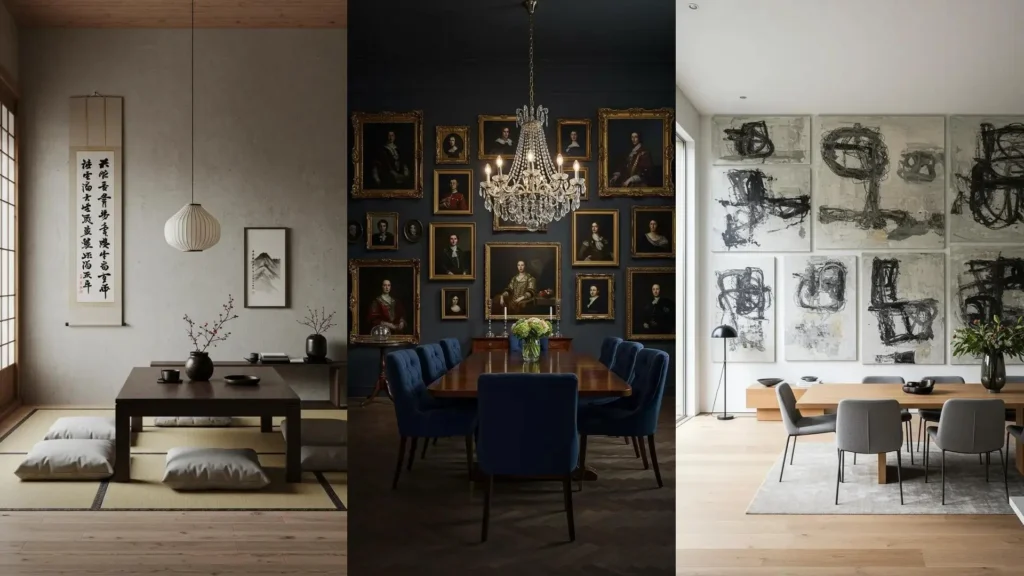 Ideas creativas para comedores: decoración con cuadros en galería irregular en estilos variados, desde clásico a moderno.