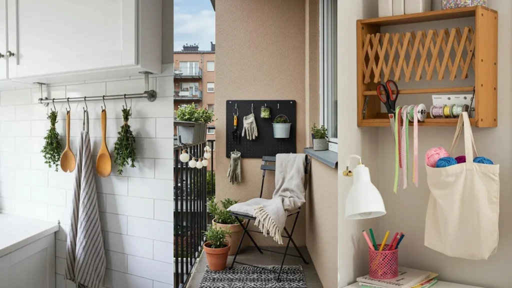 Percheros de pared ingeniosos organizando utensilios de cocina, herramientas de jardín y suministros de manualidades en espacios reducidos.