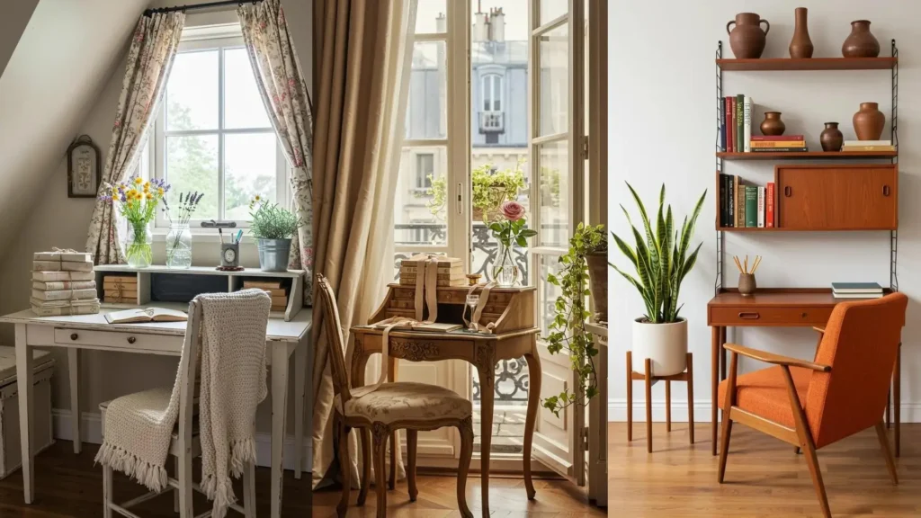 Tres rincones acogedores con libros antiguos, plantas verdes y diseños únicos, ideales para inspiración literaria.