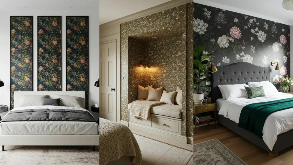 Inspiradoras decoraciones de dormitorio con papel tapiz floral: acentos, paneles y rincones acogedores.