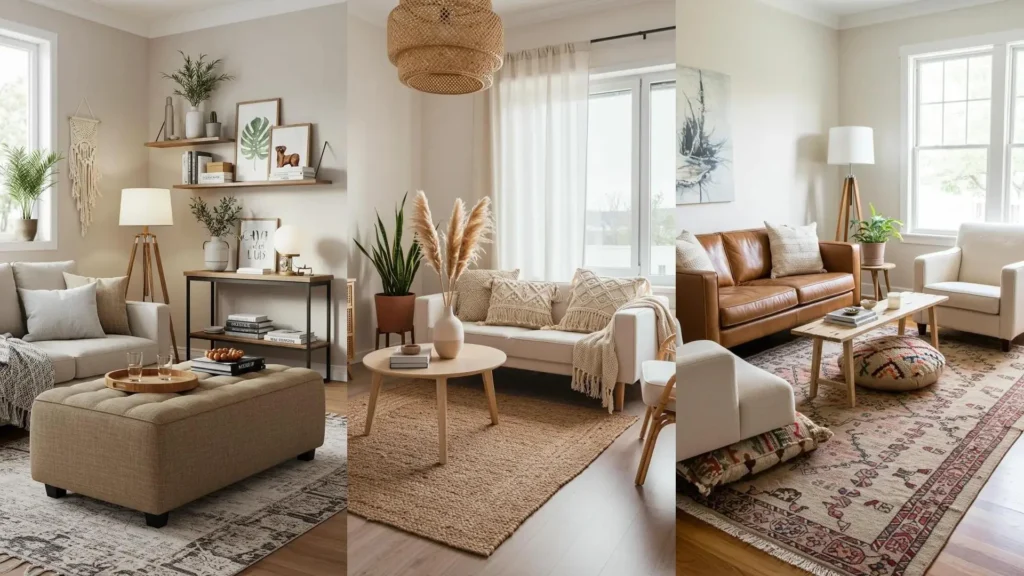 Ideas chic para salas pequeñas con estilo boho, destacando muebles de madera, plantas y textiles naturales.