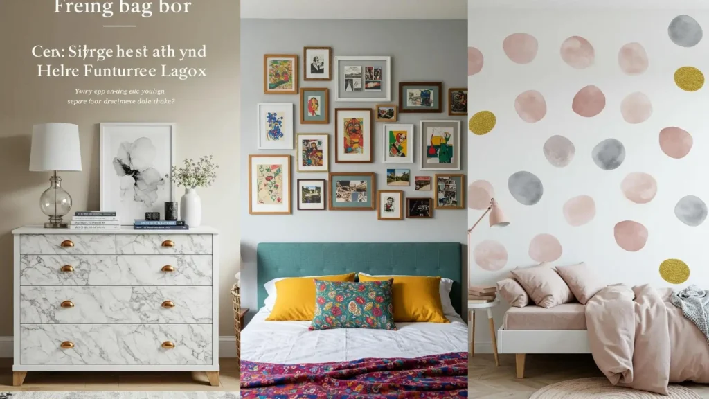 Dormitorios de alquiler con decoración DIY: cómoda efecto mármol, galería de cuadros y pared de lunares removibles.