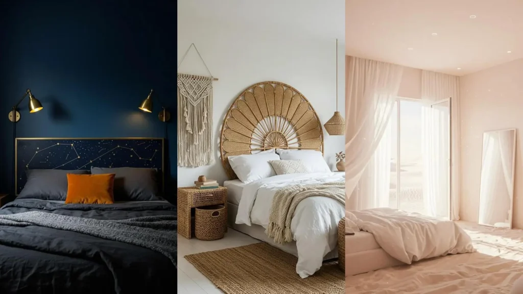 Dormitorio cálido con cabecero de ratán, texturas naturales, macramé y una paleta de colores desérticos suaves.