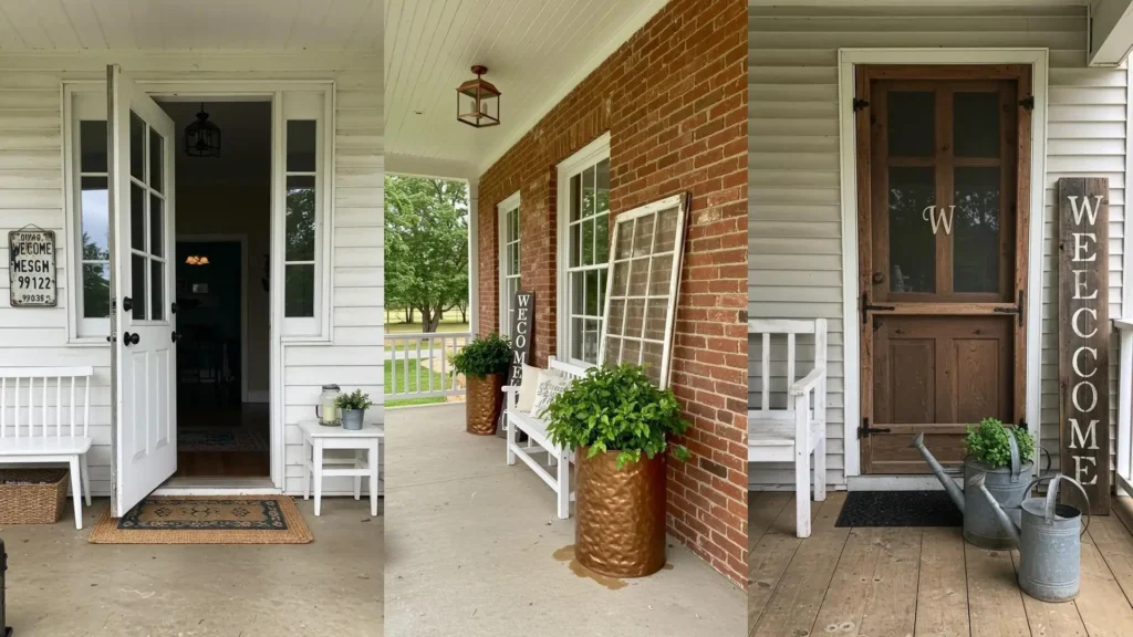 Imágenes de porches de granja con bancos blancos, letreros de bienvenida vintage y plantas verdes en macetas rústicas.