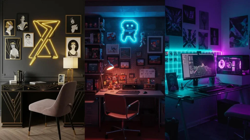 Inspiradores rincones para ilustradores con luces de neón de colores y arte original en las paredes.