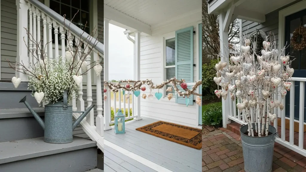 Decoración de porche de San Valentín con ramas, flores y corazones blancos y de tela hechos a mano.
