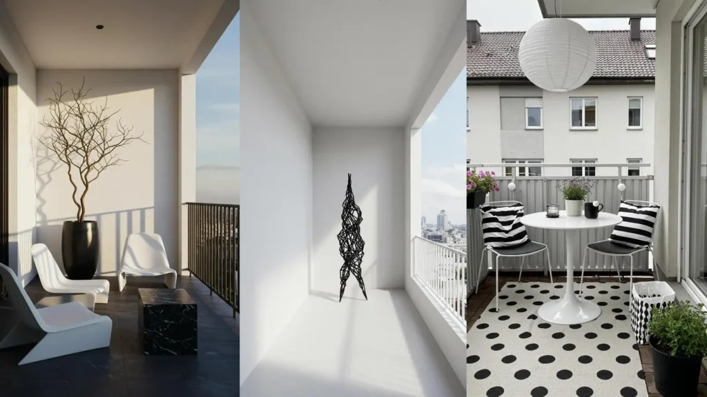 Inspiración para balcones minimalistas en blanco y negro: sillas modernas, mesa, plantas y objetos de diseño exterior.