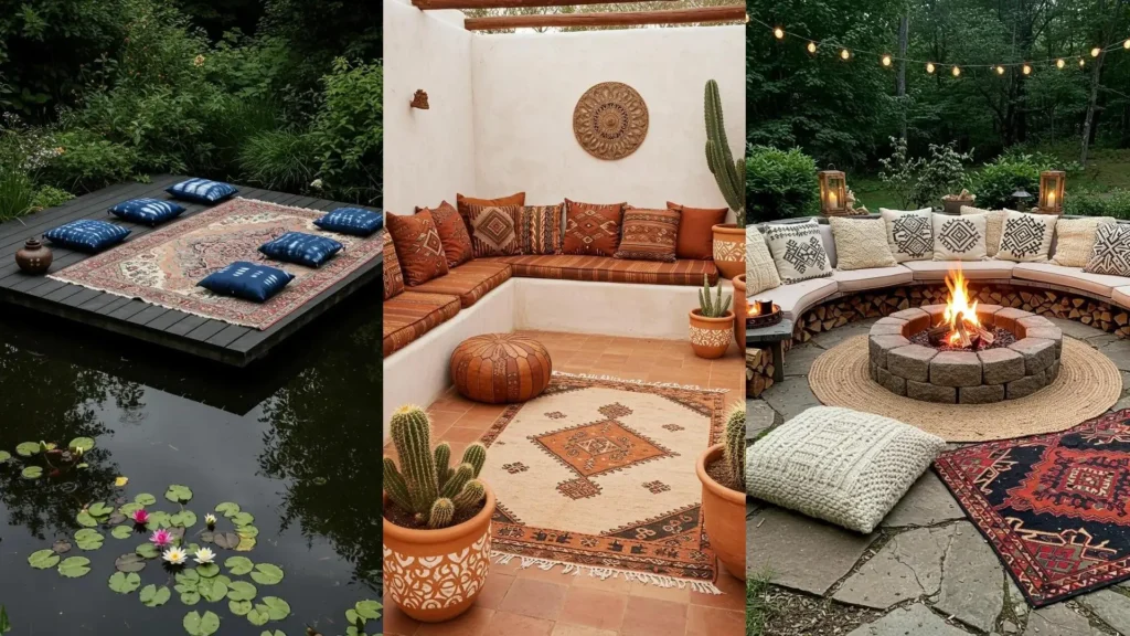 Diseño de jardín bohemio con cómodos cojines étnicos y alfombras de colores, creando un espacio exterior acogedor y relajante.