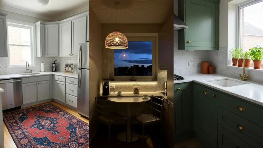 Decora tu cocina de apartamento con estilo y economía: diseño gris, rincón íntimo y cocina verde con hierbas.
