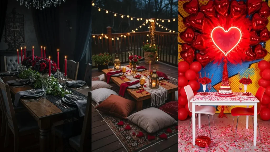 Varias mesas de San Valentín con corazones rojos, velas encendidas y decoraciones festivas.