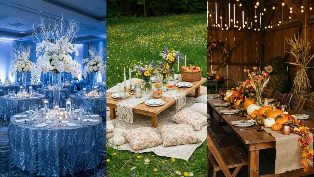 Mesas de fiesta de primavera, verano, otoño e invierno. Elegante, picnic floral y rústica con calabazas y hojas caídas.