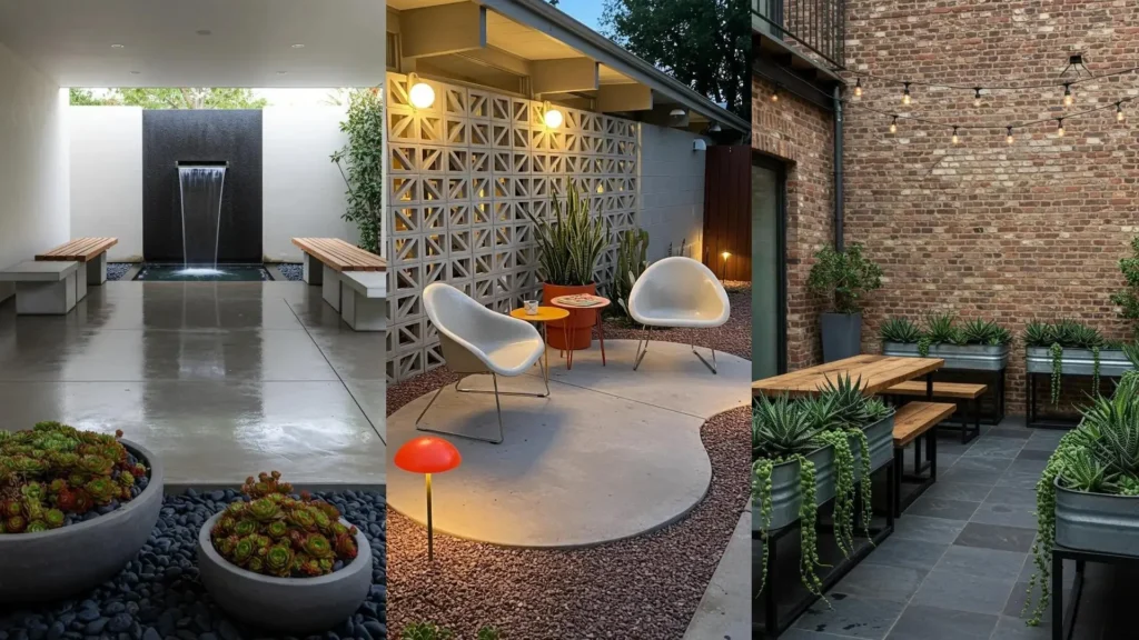 Tres patios modernos con muebles de líneas simples y sucultenas decorativas en macetas y jardineras.