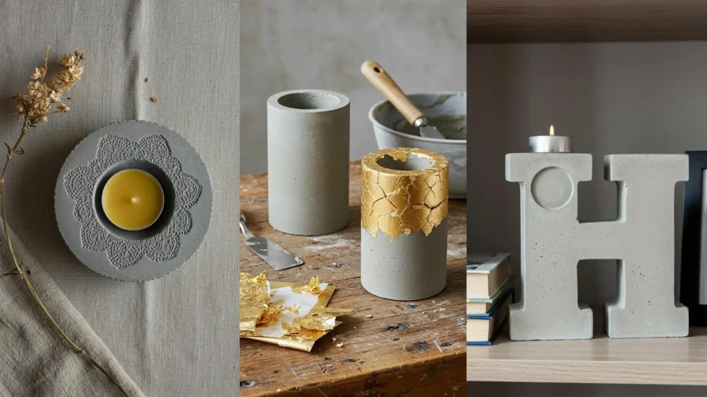 Portavelas de cemento DIY estilo industrial chic en varias formas: redondos con patrón, cilíndricos con oro, y una H iluminada.