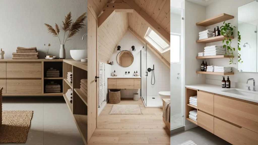 Imágenes de baños de estilo nórdico acogedor con madera clara, muebles y estantes. Ideas de decoración con ambiente cálido.