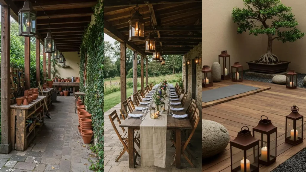 Decoración rústica exterior con faroles de hierro envejecido, estructuras de madera reciclada y plantas. Inspiración DIY.