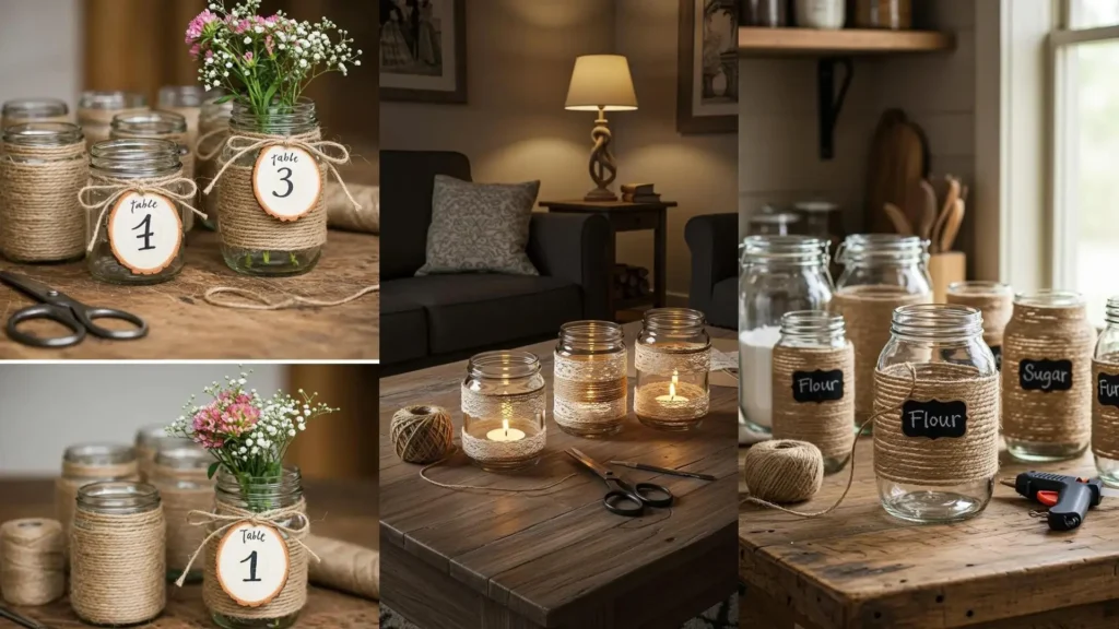 Proyectos de frascos con cuerda de yute para decoración rústica de mesa, velas y almacenamiento de cocina.
