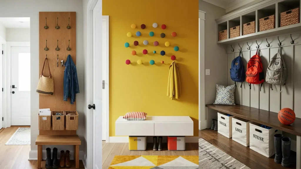 Organiza tu entrada con proyectos DIY. Cestas, ganchos y un banco flotante optimizan espacios pequeños y dan estilo.