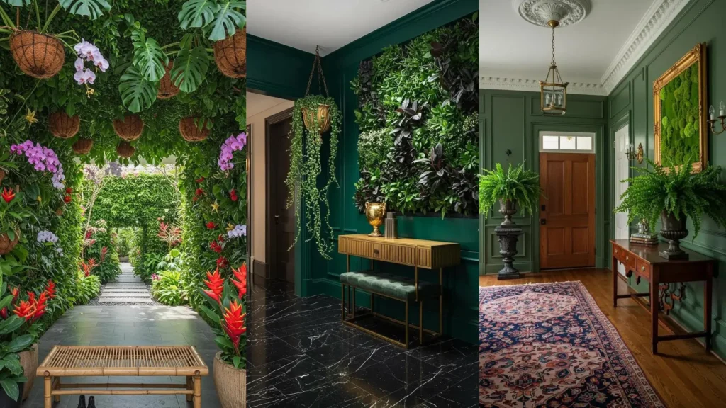 Tres recibidores verdes con plantas colgantes y jardines verticales integrados, mostrando estilos de decoración de entradas.