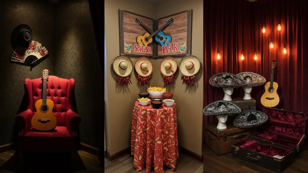 Decoración de rincones de fiesta con sombreros charros, guitarras y un animado bar de salsa, ideal para celebraciones.