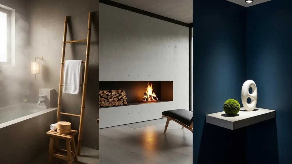 Rincón zen japonés en baño con bañera humeante, escalera de bambú y luz tenue para calma absoluta en casa.