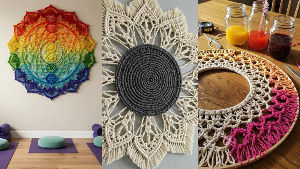 Varios tapices de macramé en forma de mandala, incluyendo uno arcoíris en una pared y otro en proceso de creación.