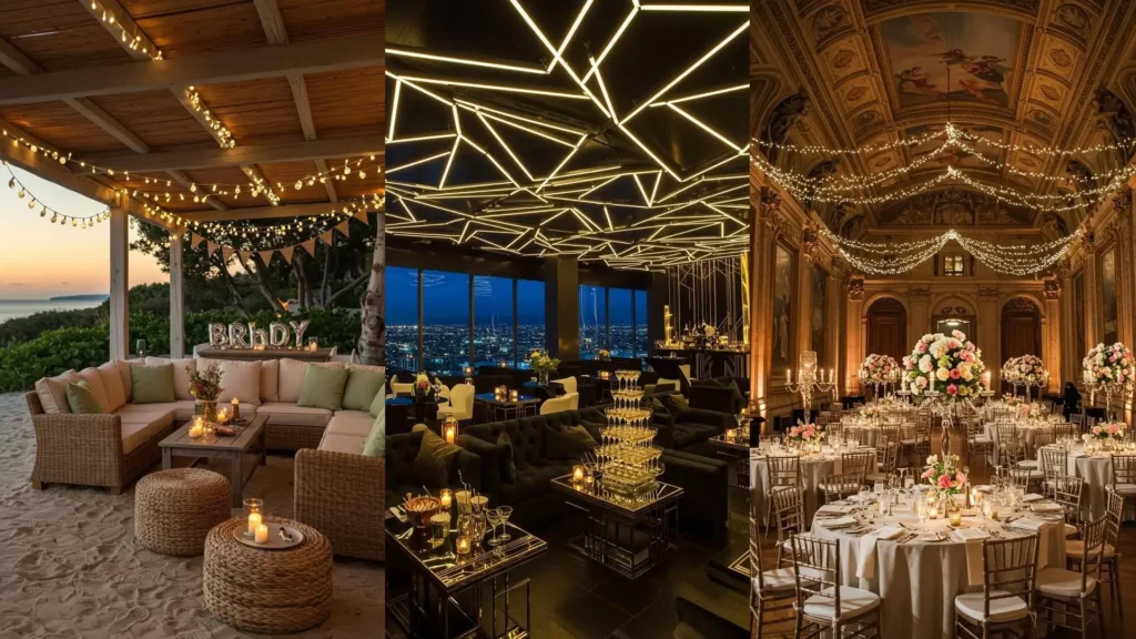 Tres techos espectaculares con luces cálidas: un patio, un lounge moderno y un salón clásico para cumpleaños elegantes.