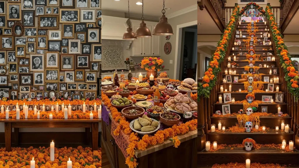 Tres altares de muertos coloridos con flores de cempasúchil y velas encendidas, honrando la tradición.