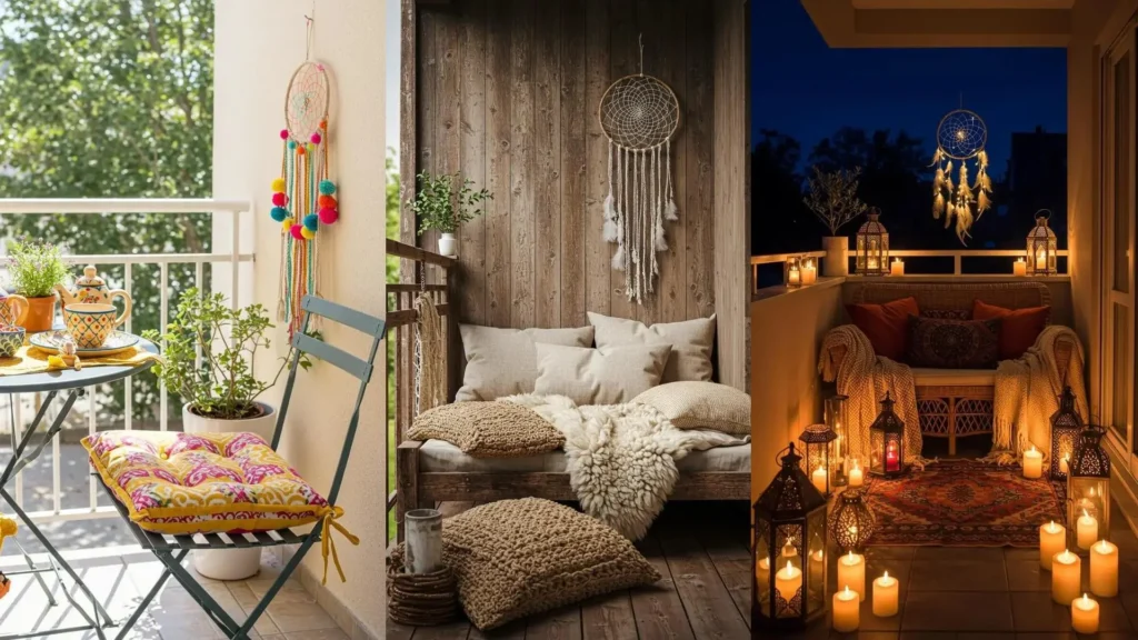Balcones boho chic decorados con atrapasueños coloridos, cojines étnicos y un ambiente relajante para exteriores.