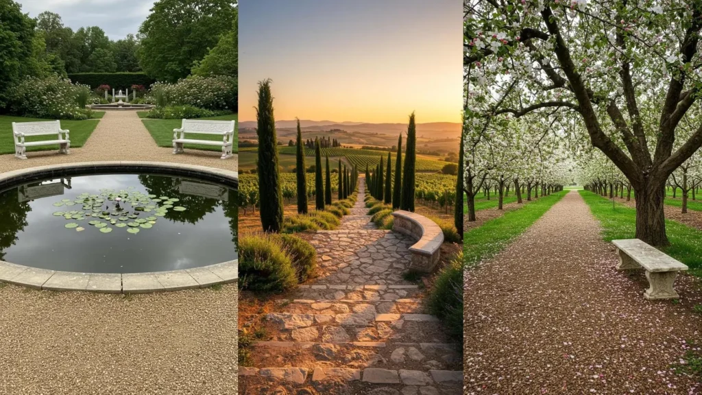 Descubre 20 caminos de piedra y bancos de mármol en jardines elegantes; vistas de viñedos, fuentes y árboles en flor.