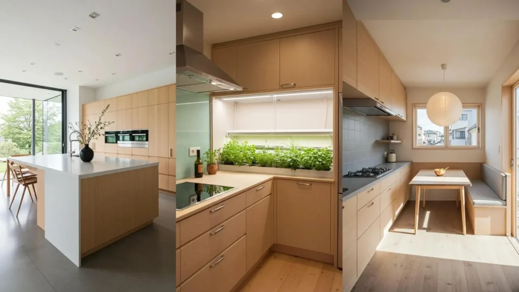 Cocinas japonesas modernas con líneas puras y madera clara, mostrando diseños funcionales y minimalistas para el hogar.