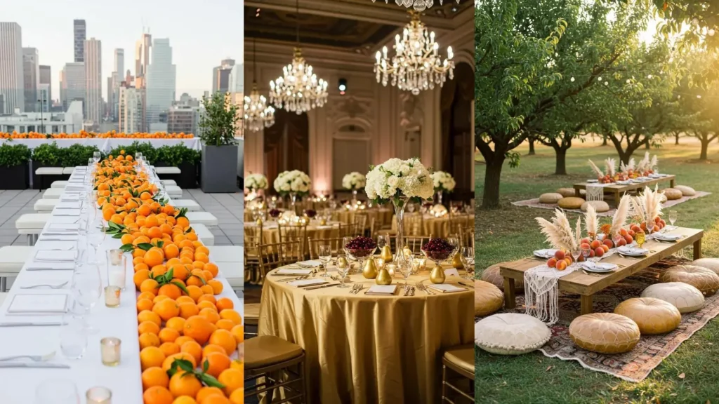Inspiración para bodas veraniegas: mesas decoradas con frutas frescas como naranjas, melocotones y cerezas en ambientes únicos.
