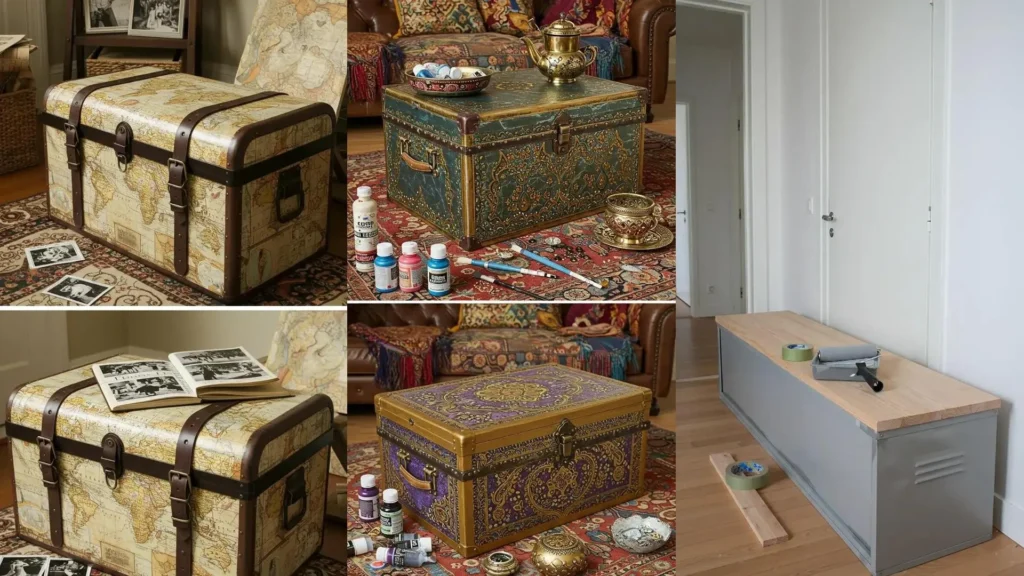 Cajas metálicas convertidas en baúles decorativos con diseños creativos, mostrando el proceso de bricolaje.