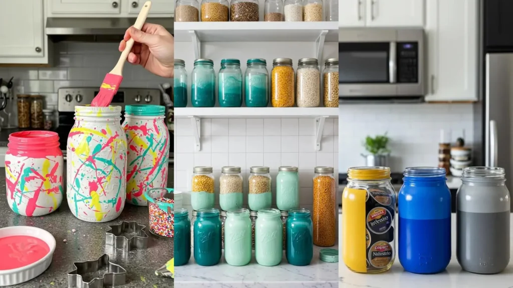 Ideas creativas para pintar frascos a mano: recipientes decorados con pintura salpicada y degradados en una cocina organizada.