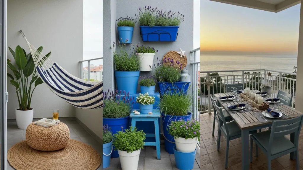 Ideas de decoración náutica para un balcón playero en tonos azules: hamaca, plantas y mesa con vista al mar.
