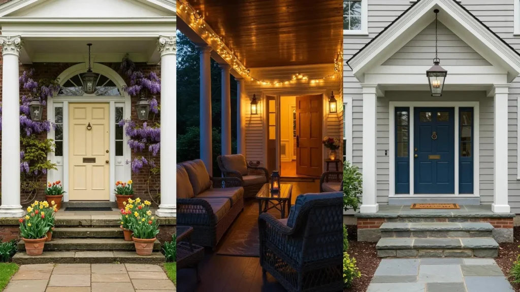 Tres porches coloniales con faroles, puertas de madera maciza en diferentes colores y detalles florales para inspiración.