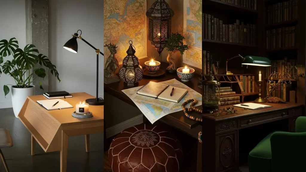 Tres rincones de journaling acogedores con detalles naturales como plantas, mapas y velas encendidas. Ideas de decoración.