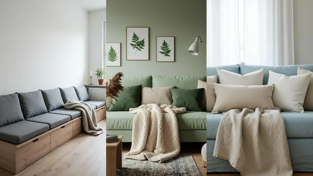 Varias salas de estar acogedoras con sofás decorados con cojines grandes y mantas tejidas estilo hygge.