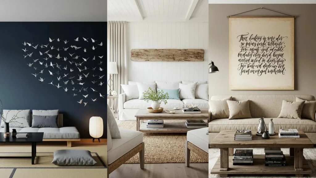 Ideas originales para decorar tu sala con arte DIY: grullas de origami, arte mural de madera y caligrafía casera.