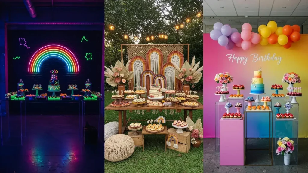 Mesas de postres arcoíris para cumpleaños, repletas de coloridos dulces, pasteles y decoraciones alegres.