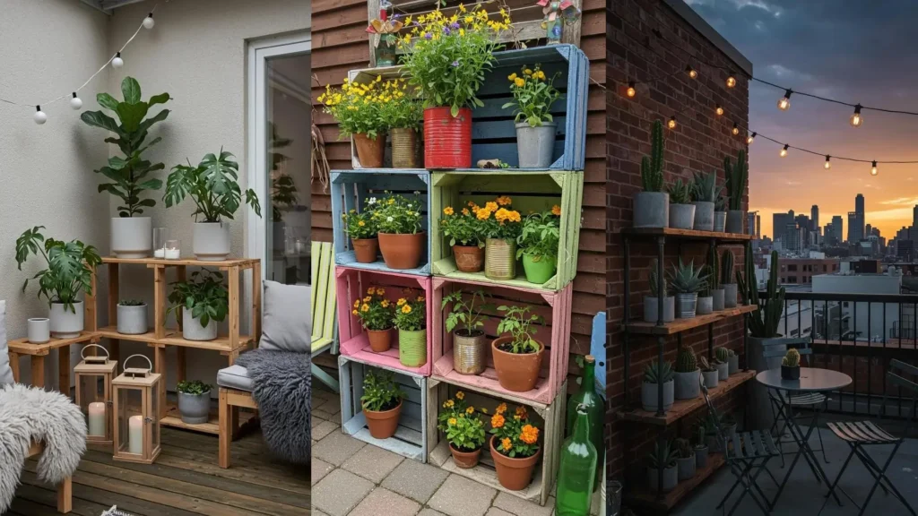 Patios DIY con estanterías de madera y cajas recicladas organizando macetas con plantas verdes y flores variadas.