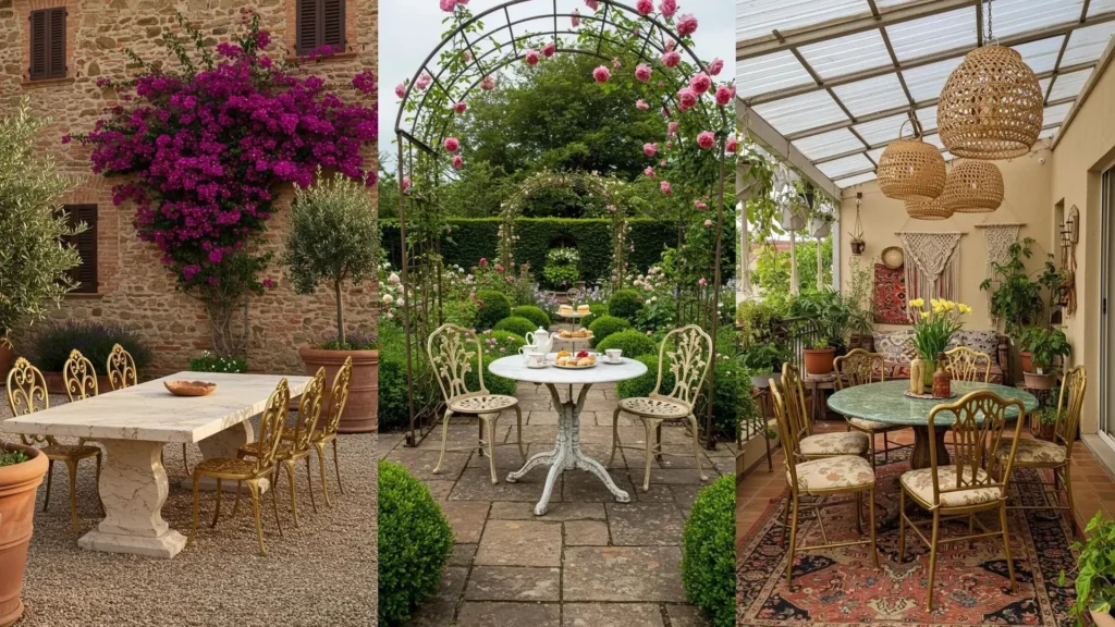 Patios elegantes al aire libre con mesas de mármol y sillas doradas. Ideas de diseño exterior y decoración.