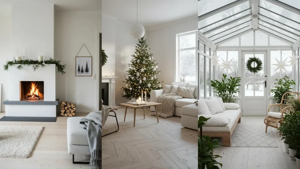 Decoración navideña escandinava con salón blanco, árbol, chimenea encendida y detalles de madera para un ambiente de calma.