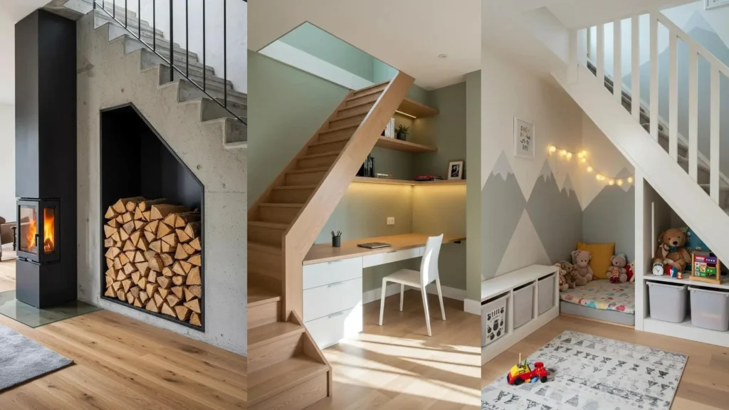Tres rincones bajo la escalera transformados: chimenea, oficina y rincón infantil. Ideas de bricolaje para espacios pequeños.