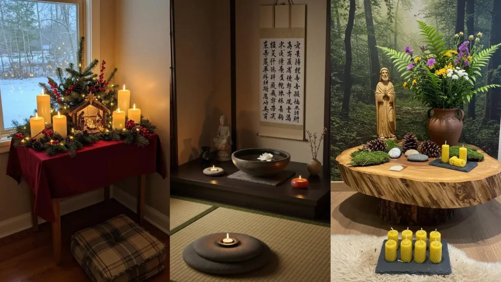 Tres rincones de oración serenos con imágenes religiosas, velas encendidas y flores, ideales para la reflexión.