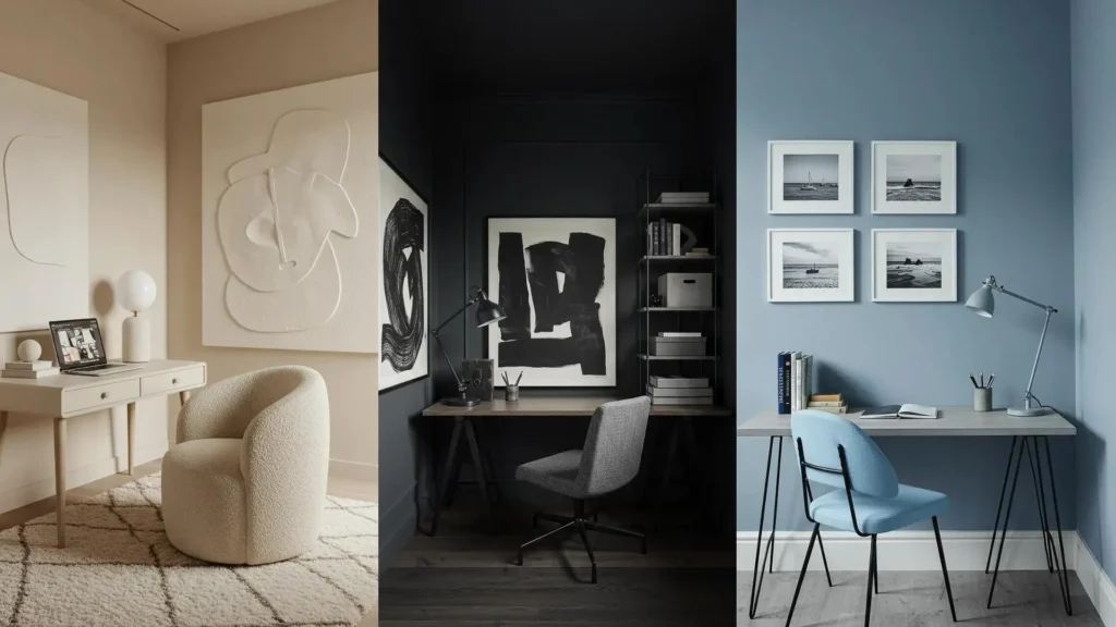 Rincones de oficina en casa con escritorios monocromáticos (beige, negro, azul) y arte visual motivacional.