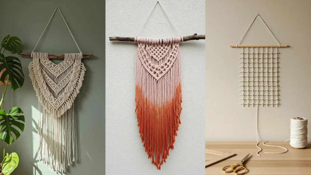 Tres tapices de macramé con nudos básicos, ideales para principiantes, exhibiendo diferentes diseños y colores.