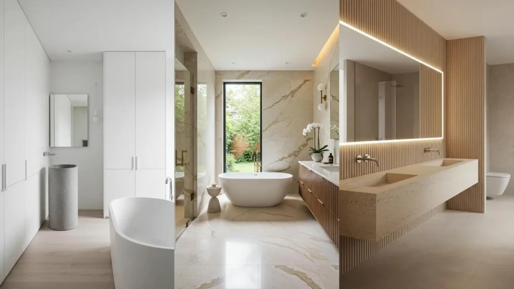 Tres diseños de baños minimalistas de lujo sutil con bañera exenta, lavabos de mármol y madera.