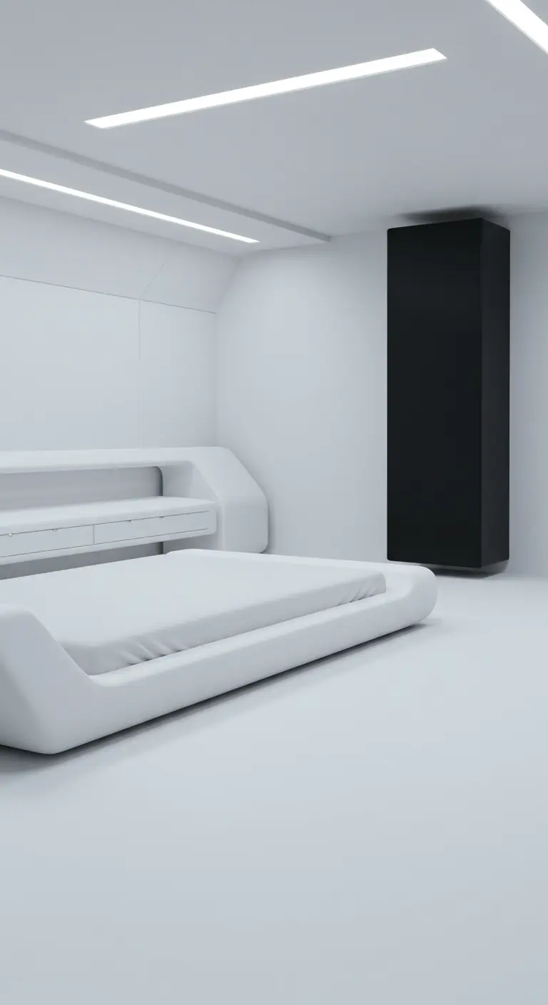Dormitorio futurista completamente blanco con muebles de líneas curvas y luz integrada.